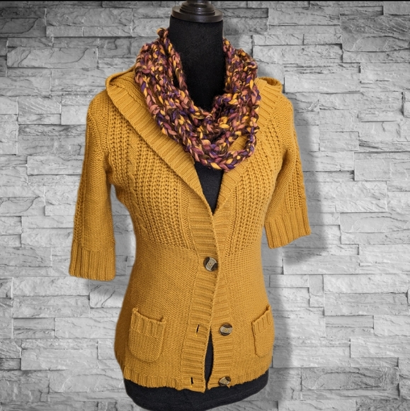 Mustard Yellow Sweater Jacket Fall Cardigan Short Sleeve Button Up Knit - Picture 4 of 10